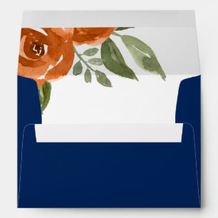 Elegant Navy Blue Orange Watercolor Floral Envelope