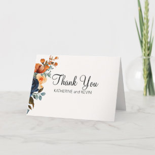 Elegant Navy Blue Orange Watercolor Floral Thank You Card