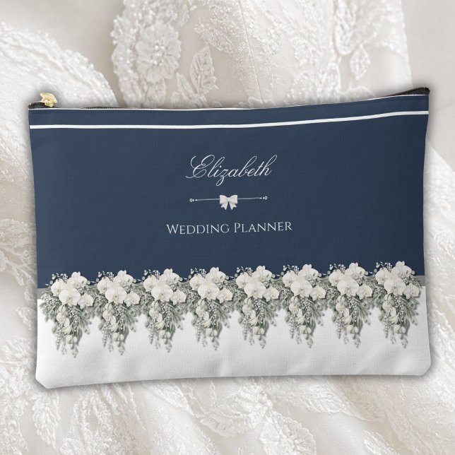 Elegant Navy Blue Orchid Wedding Planner Pouch (Custom navy blue white orchid wedding planner event coordinator cosmetic pouch.)