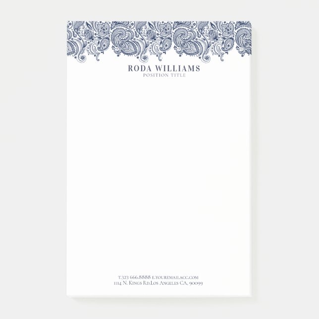Elegant navy blue ornate floral paisley lace post-it notes (Front)
