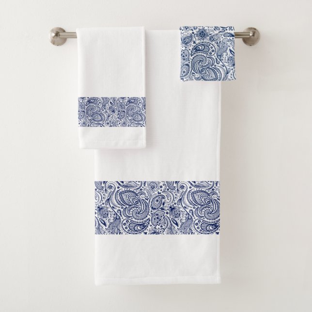 Elegant Navy-Blue Paisley Stripe Bath Towel Set (Insitu)