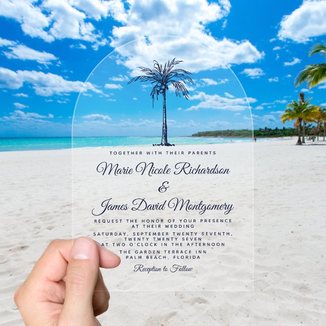 Elegant Navy Blue Palm Formal Beach Wedding Acrylic Invitations (Elegant Tropical Navy Blue Palm Formal Beach Wedding Acrylic Invitations)