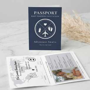 Elegant Navy Blue Passport Photo Baby Shower Invitation