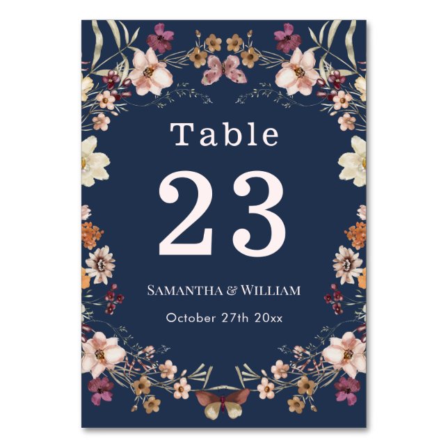 Elegant Navy Blue Pastel Wildflower Boho Wedding Table Number (Front)