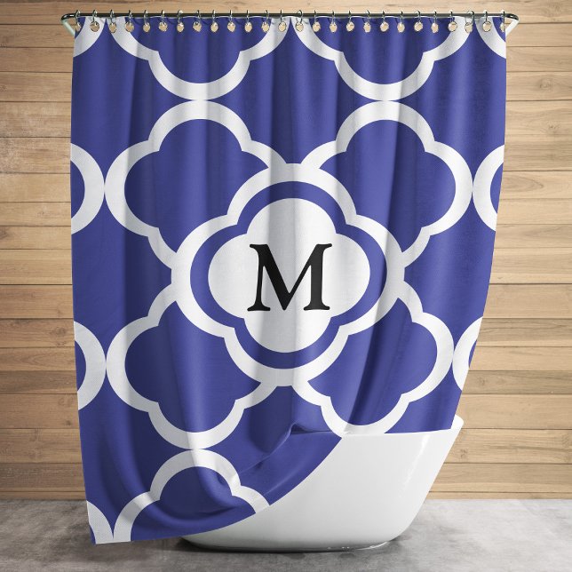Elegant Navy Blue Pattern Monogram Shower Curtain (Elegant Navy Blue Quatrefoil Monogram Shower Curtain)