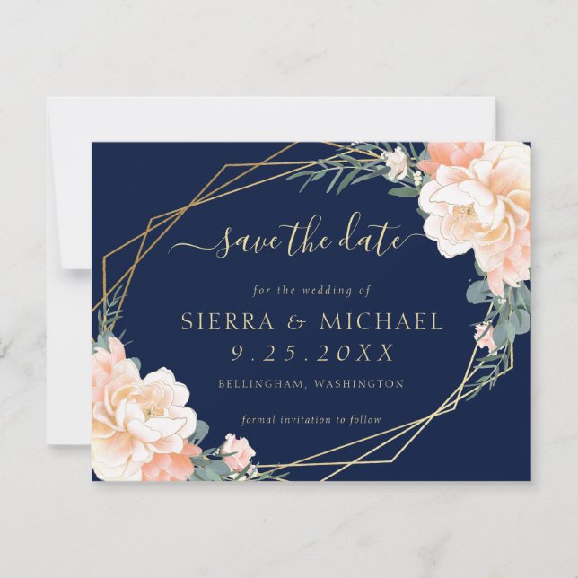 Elegant Navy Blue Peach Gold Floral Save the Date Invitation (Front)