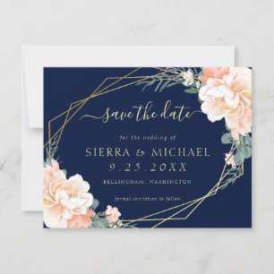 Elegant Navy Blue Peach Gold Floral Save the Date Invitation