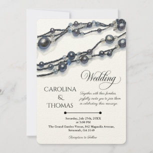 Elegant Navy Blue Pearl Watercolor Modern Wedding Invitation