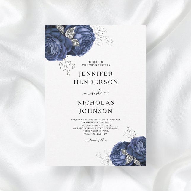 Elegant Navy Blue Peonies Floral Wedding Invitation (Creator Uploaded)
