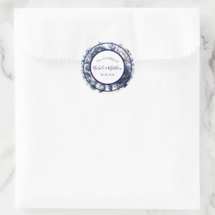 Elegant Navy Blue Peonies & White Roses Wedding Classic Round Sticker