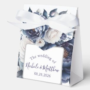 Elegant Navy Blue Peonies & White Roses Wedding Favour Box