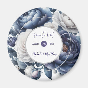 Elegant Navy Blue Peonies & White Roses Wedding Magnet