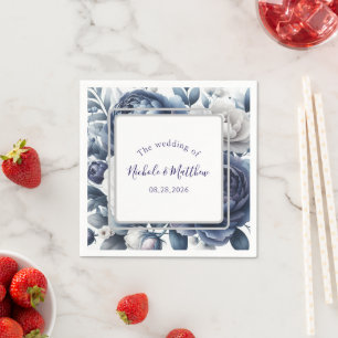 Elegant Navy Blue Peonies & White Roses Wedding Napkin