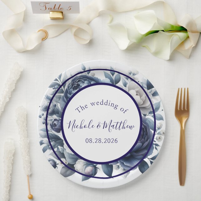 Elegant Navy Blue Peonies & White Roses Wedding Paper Plate (Wedding)