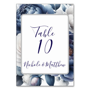 Elegant Navy Blue Peonies & White Roses Wedding Table Number
