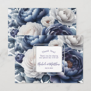 Elegant Navy Blue Peonies & White Roses Wedding Thank You Card