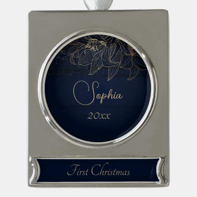 Elegant Navy Blue Personalised First Christmas Silver Plated Banner Ornament (Front)