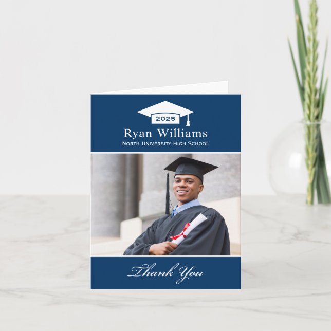 Elegant Navy Blue Personalised Graduation Photo Thank You Card (Front)