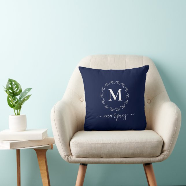 Elegant Navy Blue Personalised Wreath Monogram Cushion (Chair)