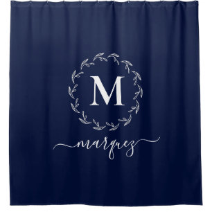 Elegant Navy Blue Personalised Wreath Monogram Shower Curtain