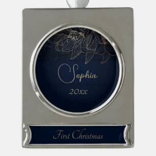 Elegant Navy Blue Personalized First Christmas Silver Plated Banner Ornament