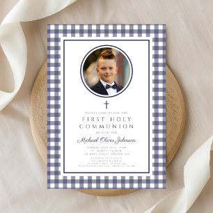 Elegant Navy Blue Photo Boy First Communion Invitation