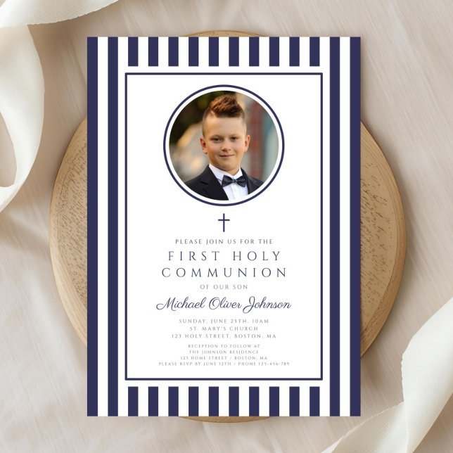 Elegant Navy Blue Photo Boy First Communion Invitation (Elegant Navy Blue Photo Boy First Communion Invitation)