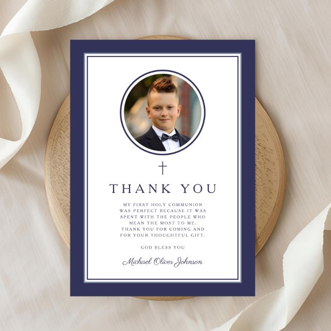 Elegant Navy Blue Photo Boy First Communion Thank You Card (Elegant Navy Blue Photo Boy First Communion Thank You Card)