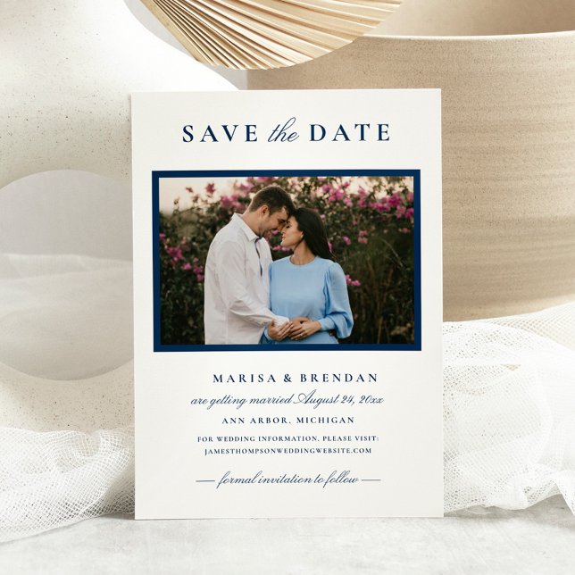 Elegant Navy Blue Photo Frame Wedding Save The Date (Creator Uploaded)