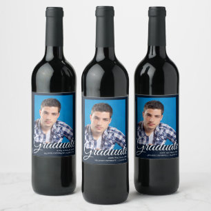Elegant Navy Blue Photo Graduation Wine Label