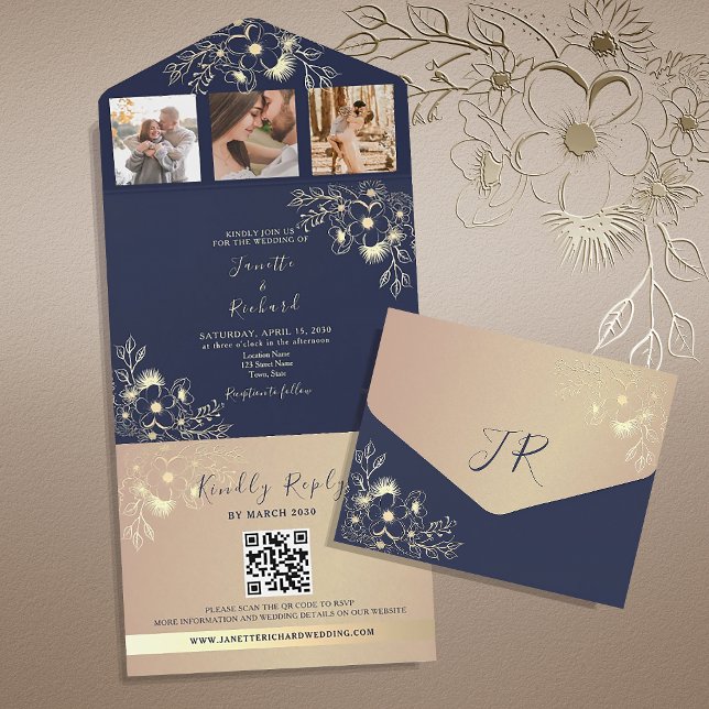 Elegant Navy Blue Photo QR Code Wedding All In One Invitation (Creator Uploaded)