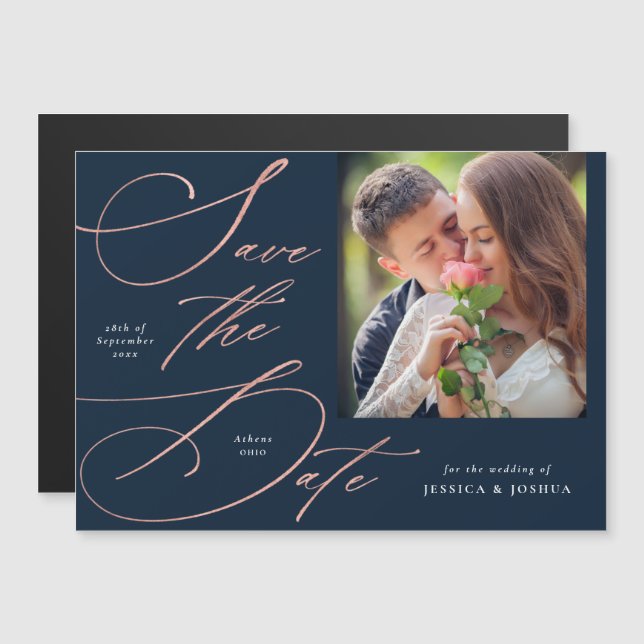 Elegant Navy Blue Photo Save the Date Magnet (Front/Back)
