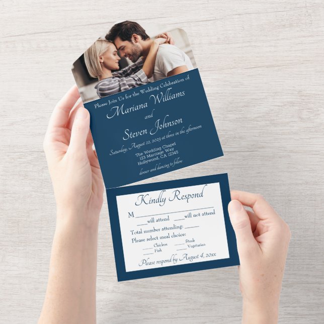 Elegant Navy Blue Photo Wedding Invitation (Tearaway)