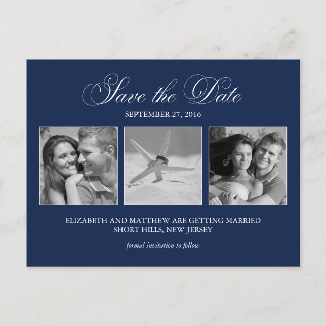 Elegant Navy Blue Photo Wedding Save the Date Announcement Postcard (Front)