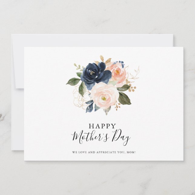 Elegant Navy Blue Pink Blush Floral Mother's Day  Card (Front)
