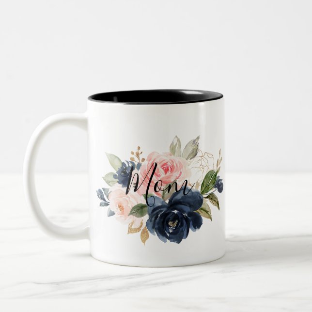 Elegant Navy Blue Pink Blush Floral Mum   Two-Tone Coffee Mug (Left)