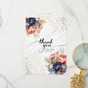 Elegant Navy Blue Pink Blush Gold Floral Wedding  Thank You Card