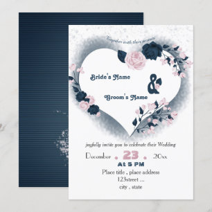 elegant navy blue & pink floral heart wedding invitation