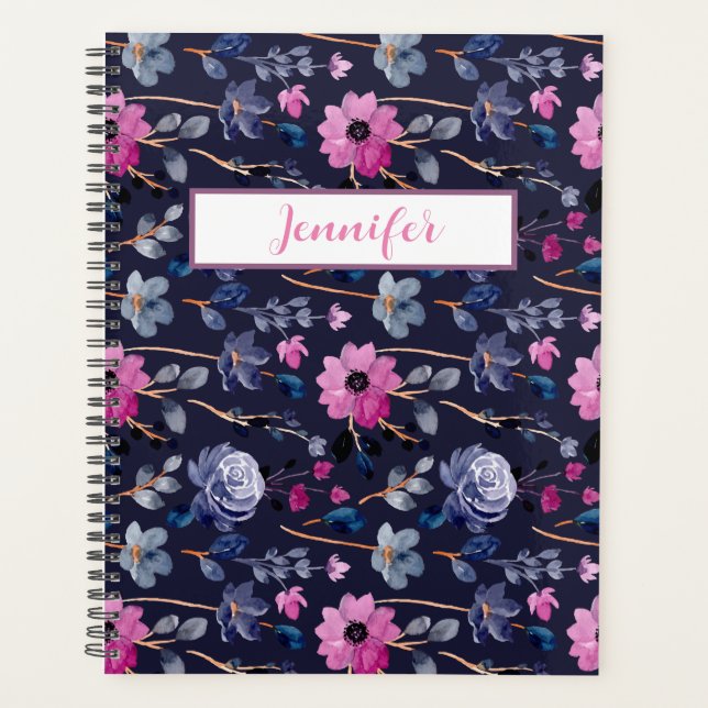 Elegant Navy Blue pink floral Planner (Front)