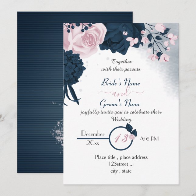 elegant navy blue & pink flowers wedding invitatio invitation (Front/Back)