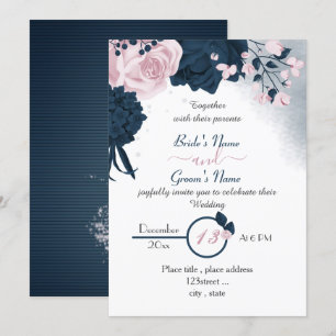 elegant navy blue & pink flowers wedding invitatio invitation