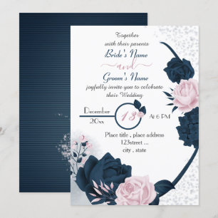 elegant navy blue & pink flowers wedding invitation