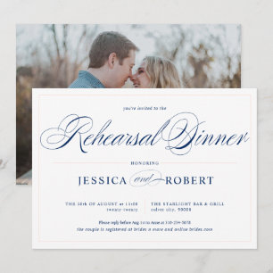 Elegant Navy Blue Pink Rehearsal Dinner Invitation