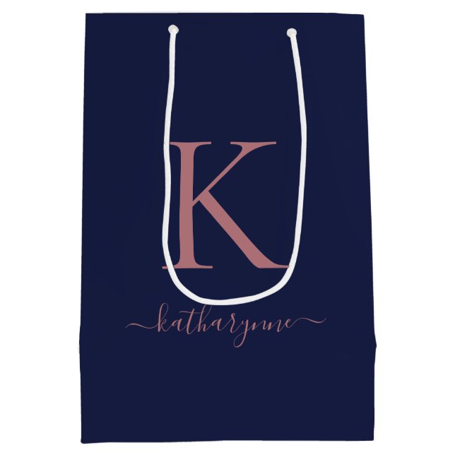 Elegant Navy Blue Pink Rose Gold Monogram Name Medium Gift Bag (Back)