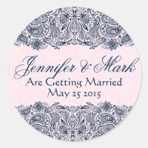 Elegant Navy Blue & Pinke Floral Paisley Lace Classic Round Sticker