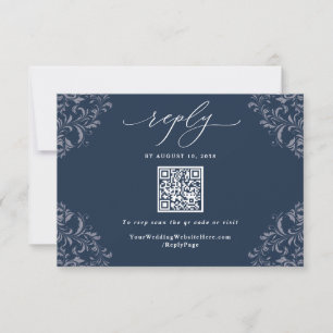 Elegant Navy Blue QR Code Vintage Wedding RSVP Ca Card