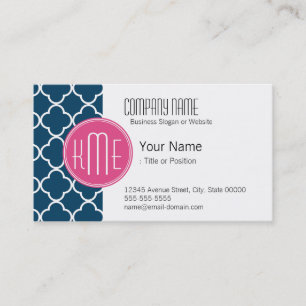 Elegant Navy Blue Quatrefoil with Pink Monogram Business Card