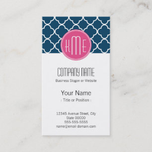 Elegant Navy Blue Quatrefoil with Pink Monogram Business Card