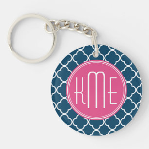 Elegant Navy Blue Quatrefoil with Pink Monogram Key Ring