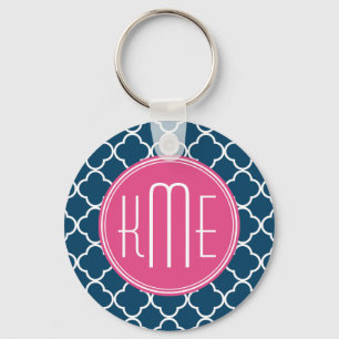 Elegant Navy Blue Quatrefoil with Pink Monogram Key Ring